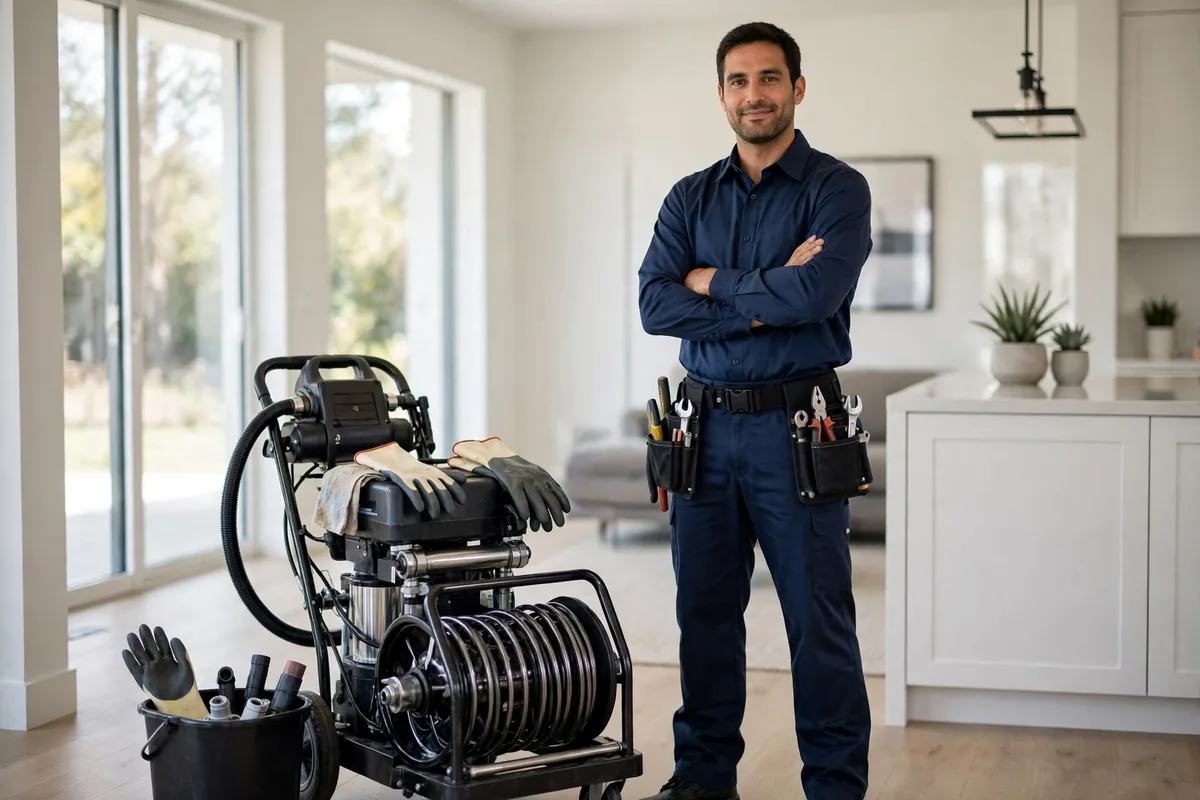 Professional drain-cleaning technician working at a residential property in Pasadena, California