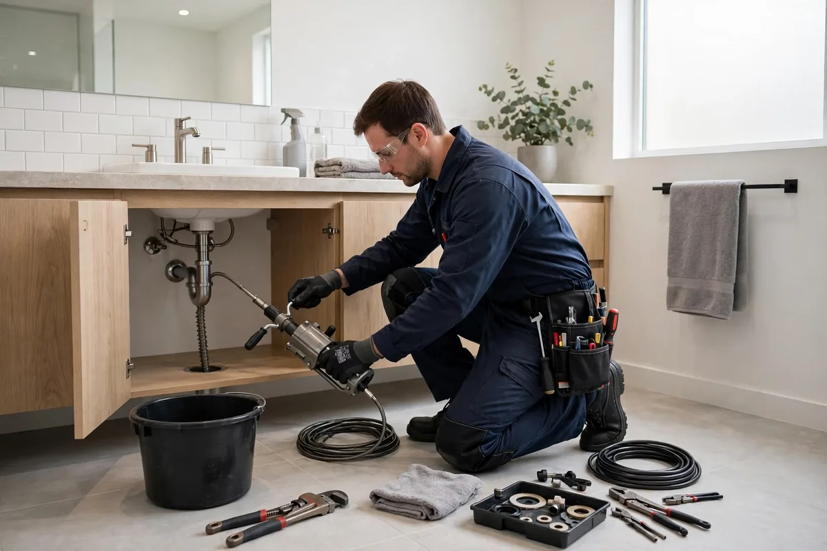 Professional drain-cleaning technician clearing a bathroom sink drain
