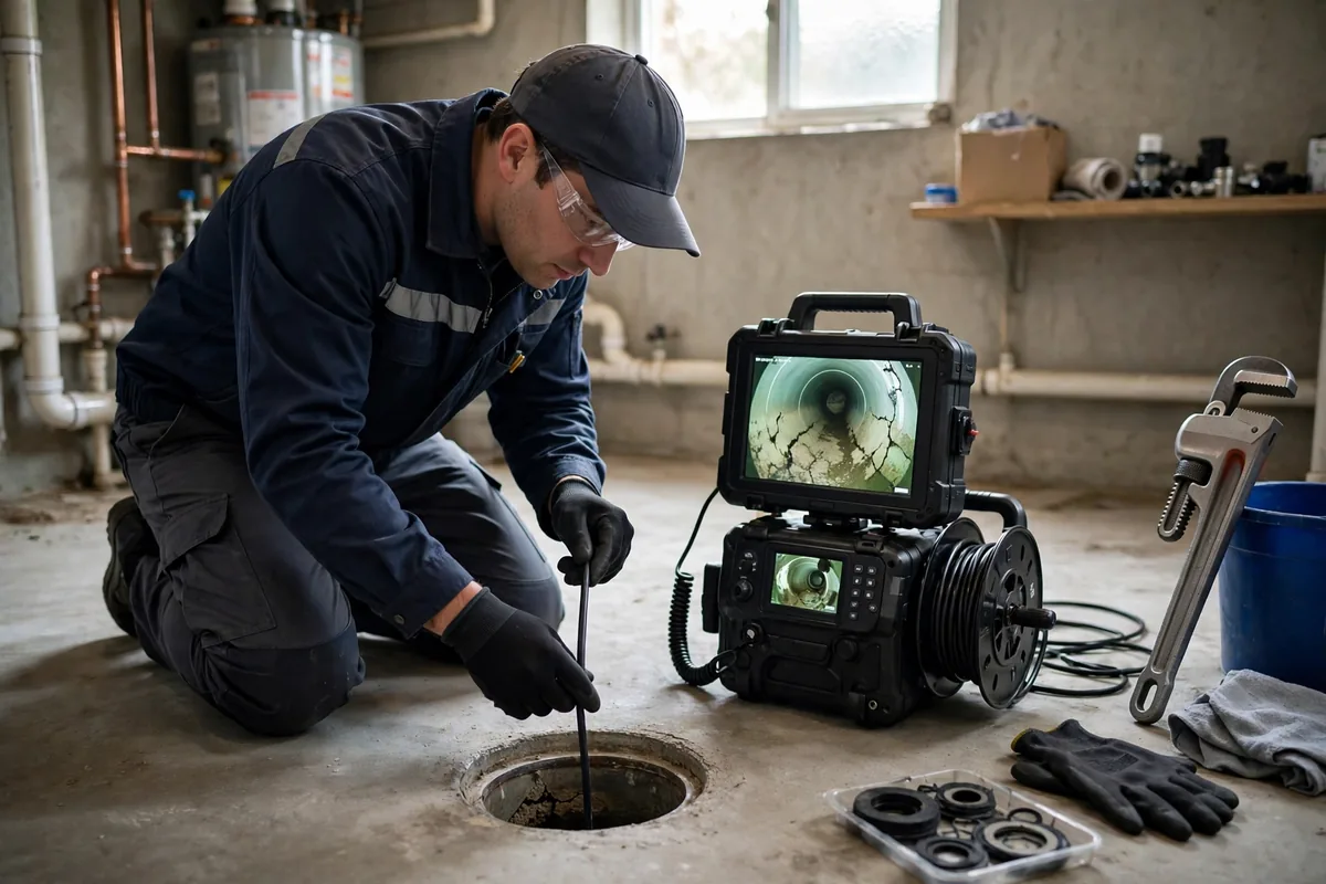 Technician performing a video camera drain inspection inside a home