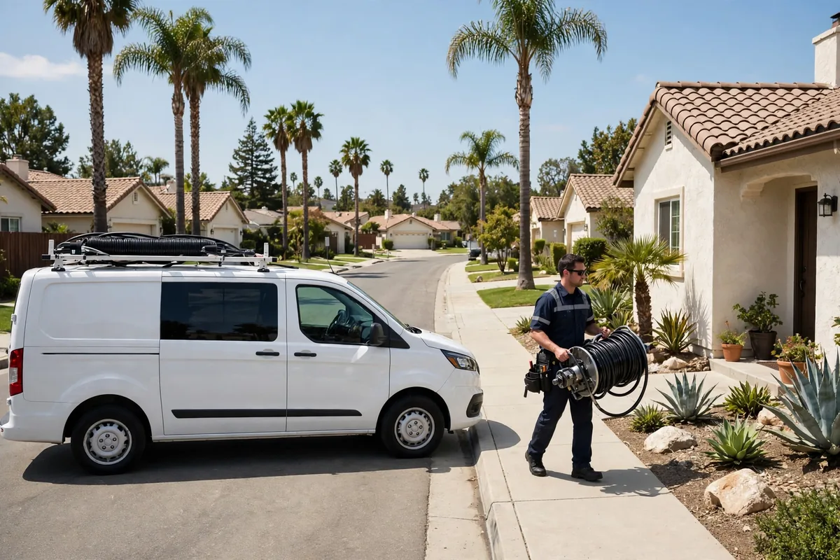 Professional drain-cleaning technician working at a residential property in Arcadia, California