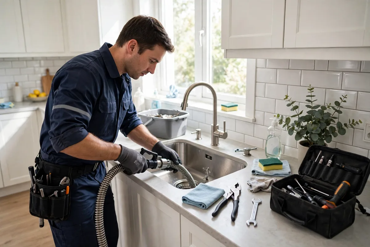 Professional drain-cleaning technician clearing a kitchen sink drain