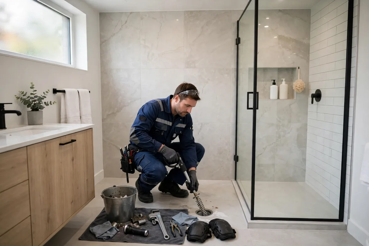 Professional drain-cleaning technician clearing a shower drain
