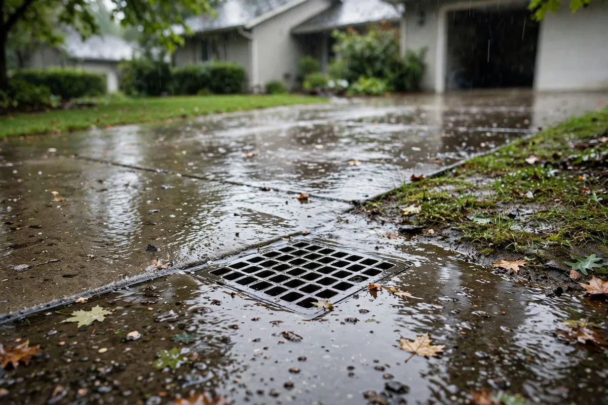 Outdoor drain pooling after rain beside a driveway
