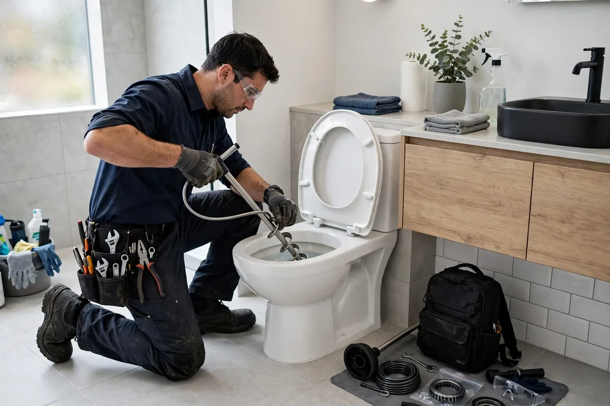 Professional drain-cleaning technician clearing a clogged toilet