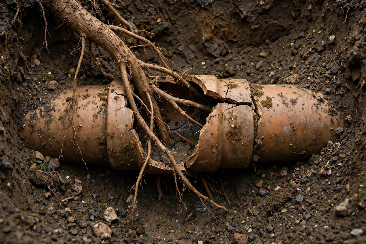 Tree roots entering a drain pipe through a crack or joint